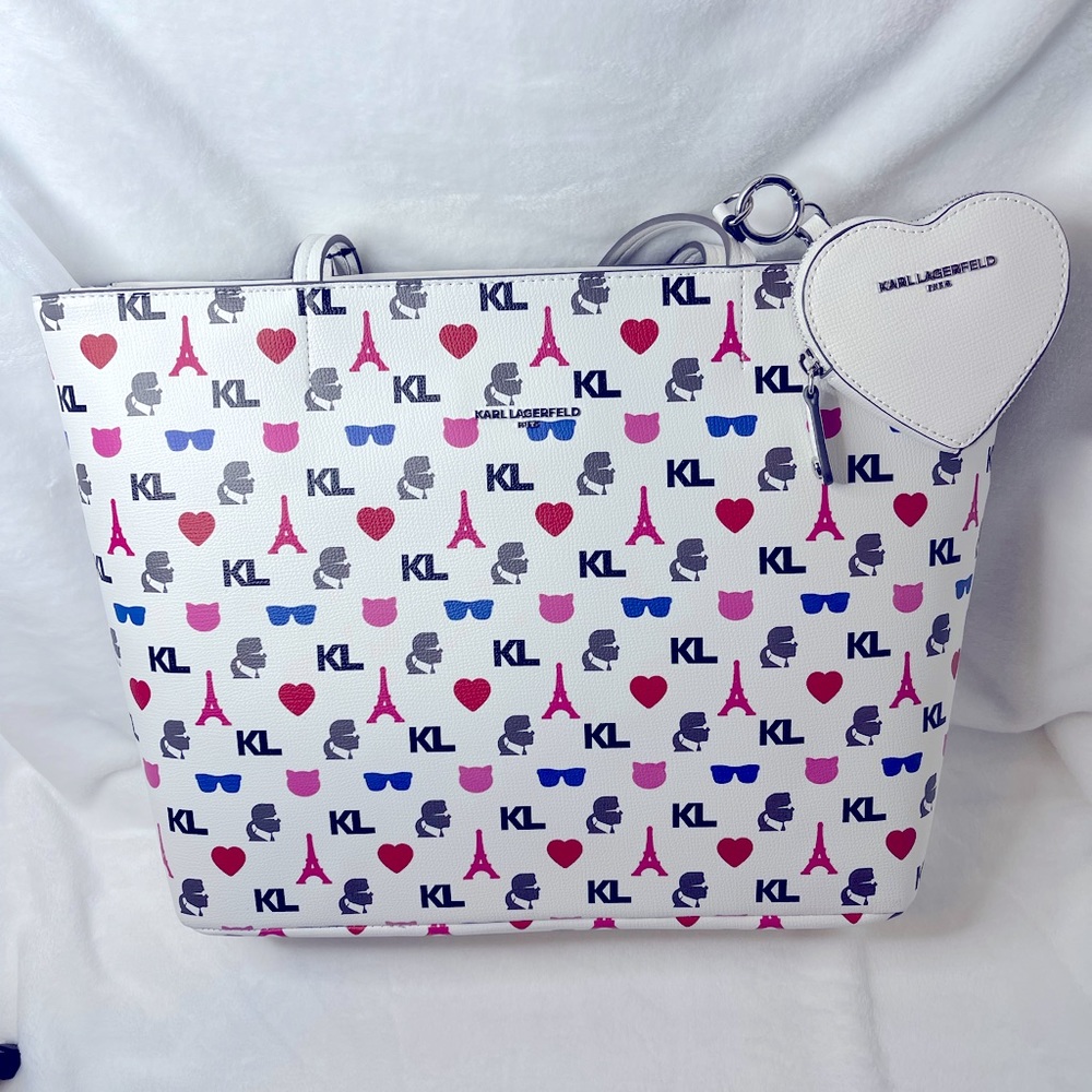 Karl Lagerfeld White Tote with heart accessory, NWT